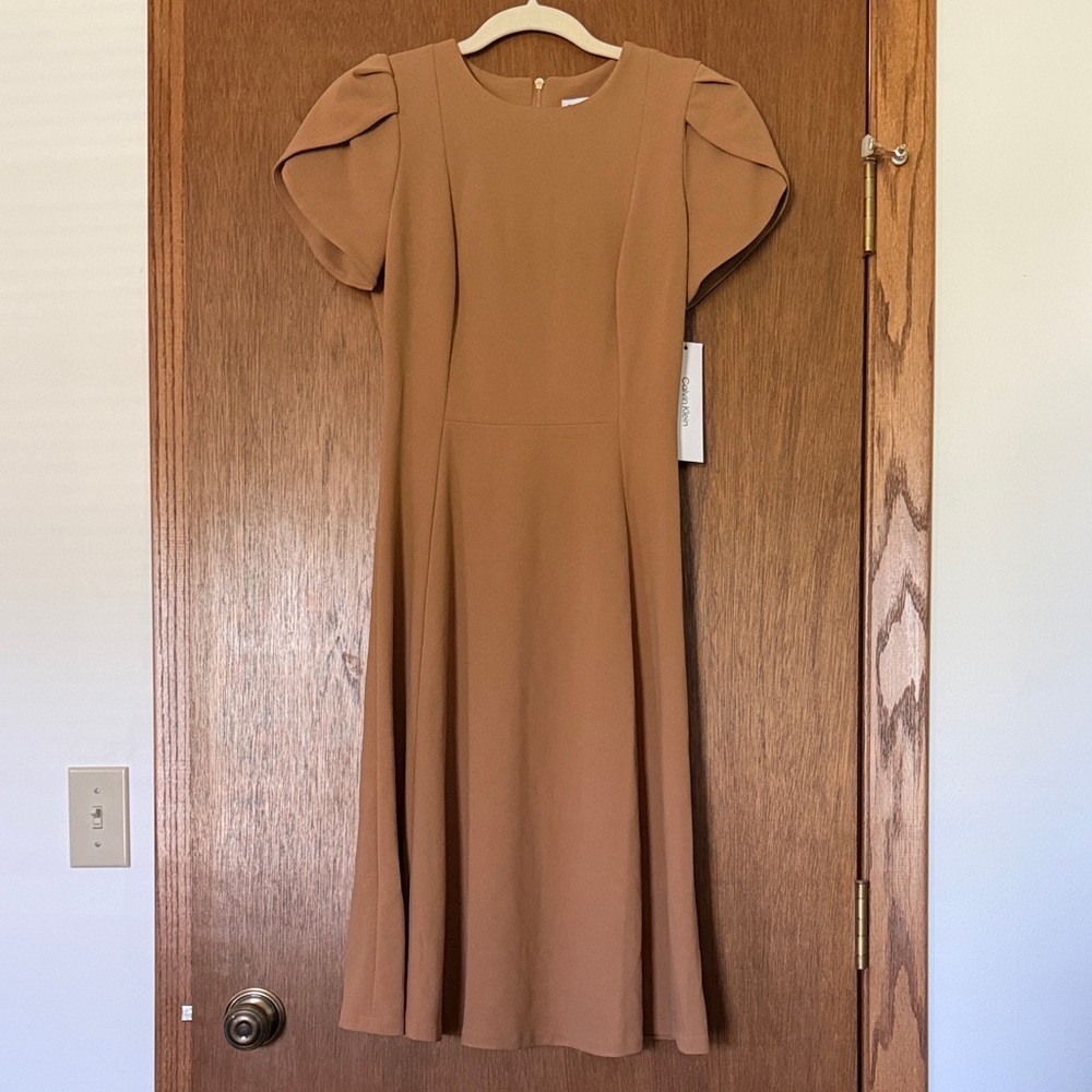 Calvin Klein Camel Puff Sleeve Midi Dress